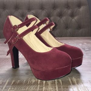Maroon suede double strap platform heels